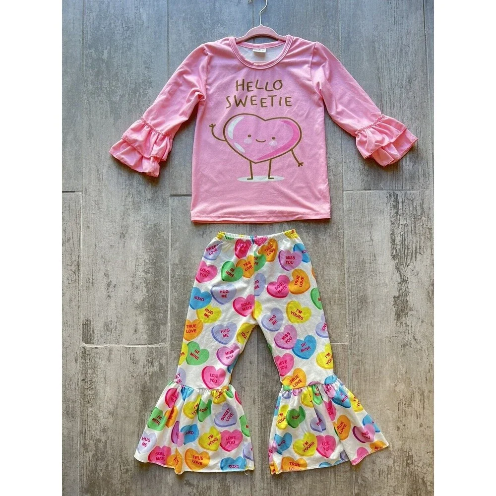 Los Angeles Boutique Girl 2 Piece Outfit Set Valentines Heart HELLO SWEETIE 2T